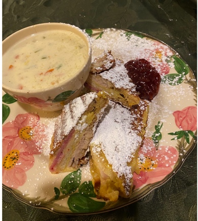 Chicken Corn Chowder and Monte Cristo Sandwich